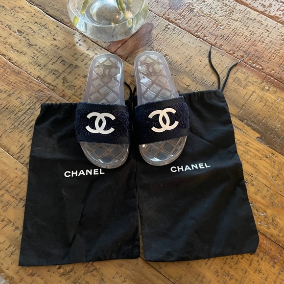 CHANEL Shoes Chanel Iconic Pool Party Cc Logo Terry Cloth Navy